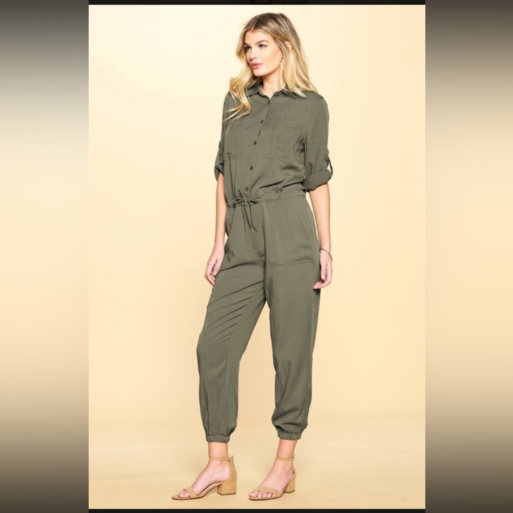 PLUS & REG! Solid collared button-down jumpsuit w/ a drawstring waist, New. Oddy